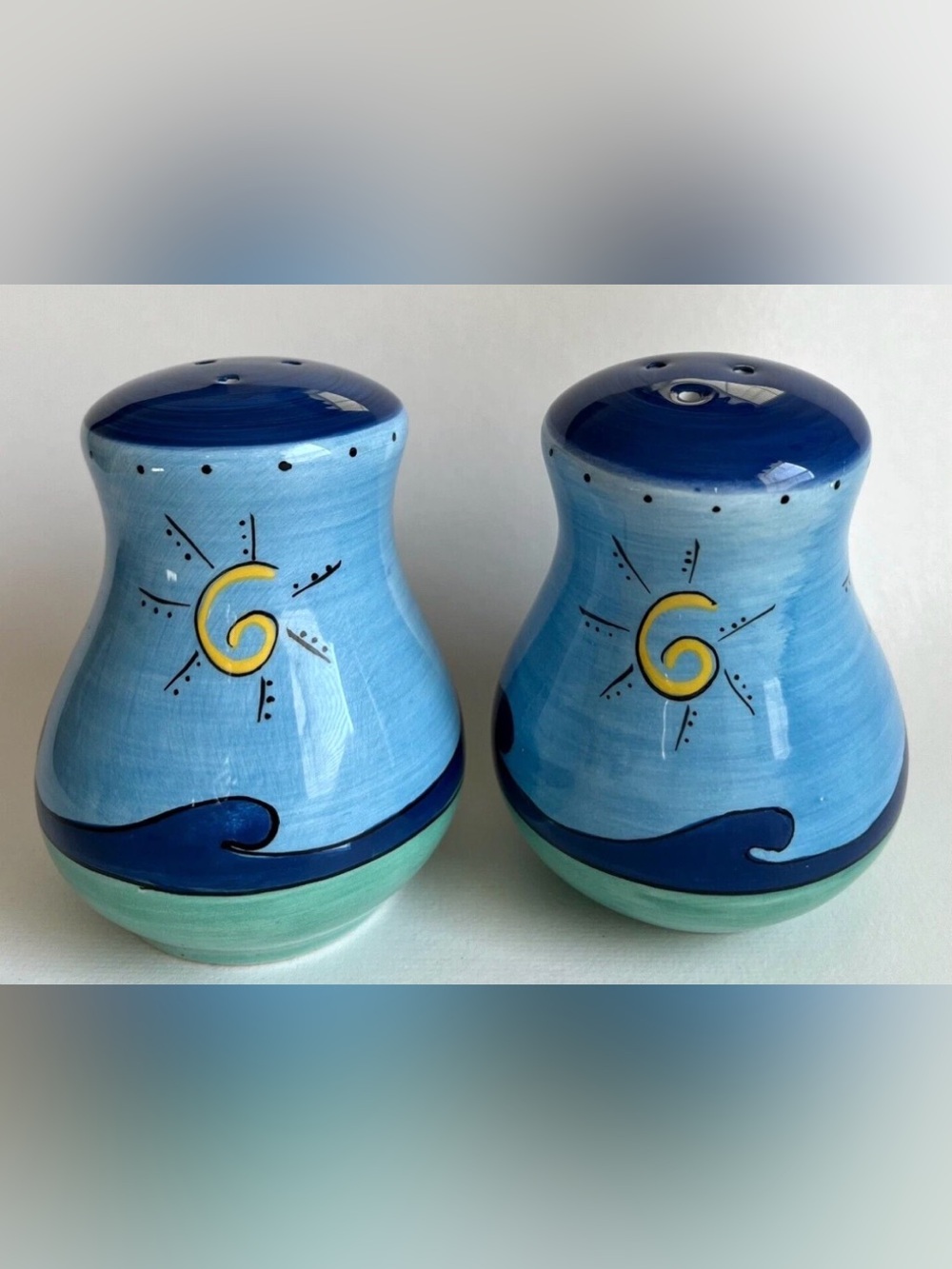 K.I.C. Brushes Blue Green Stonemite Handpainted Salt & Pepper Shakers.